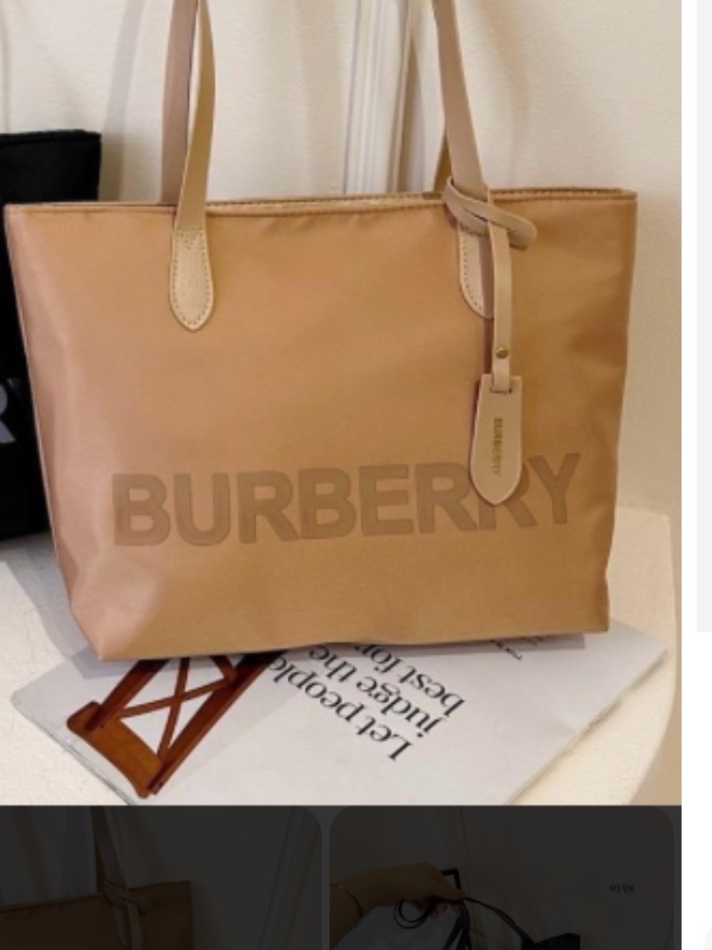 Burberry Tan and Gold   Nylon Logo Tote with Dual Straps